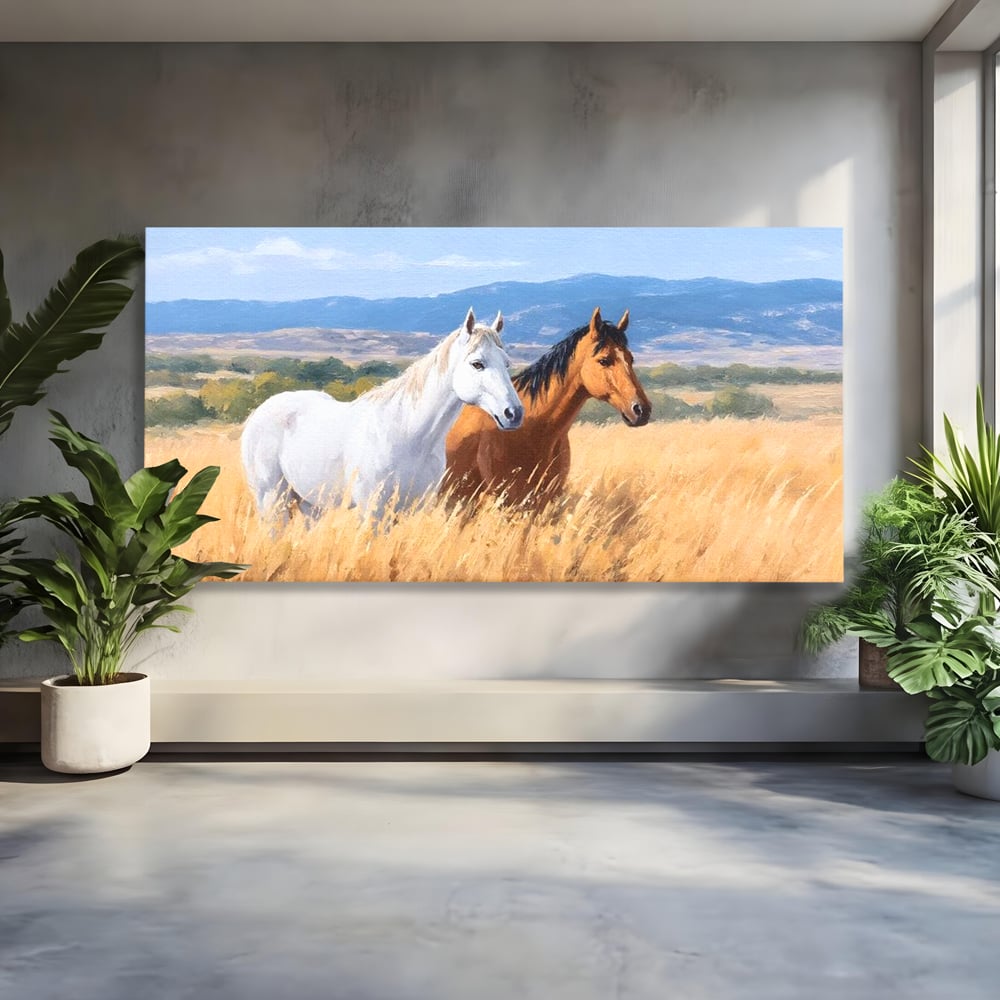 Tablou canvas cu tablou canvas cu doi cai in lan, fara rama, pe sasiu de lemn